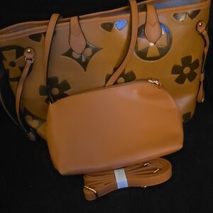 Women's Floral Pattern Tote with Matching Pouch 16 Wide 10 Deep And Crossb